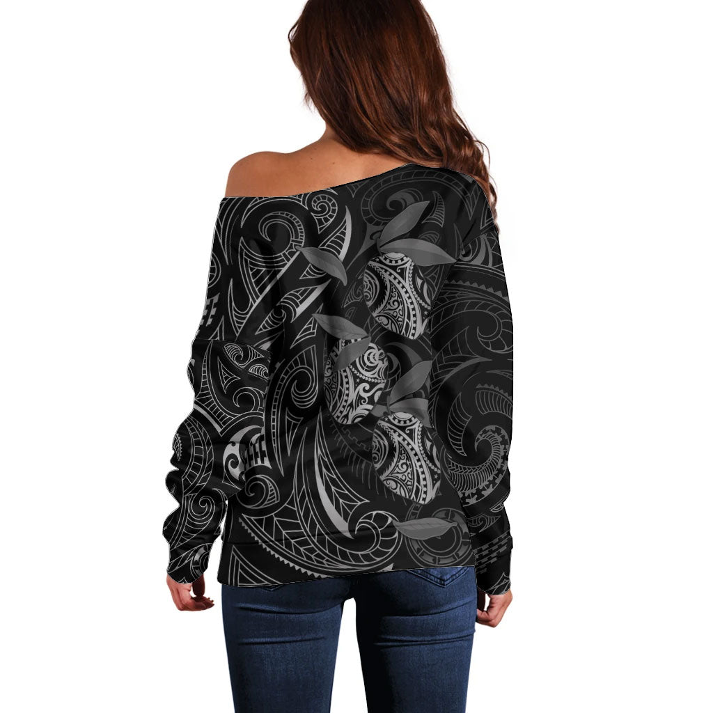 Hawaiian Mango Tribal Tattoo Off Shoulder Sweater Black White Pacific Traditional Pattern