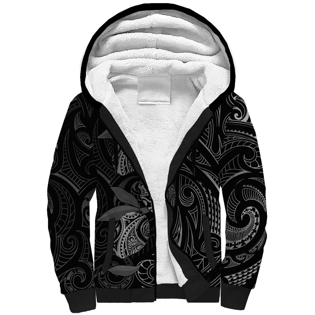 Hawaiian Mango Tribal Tattoo Sherpa Hoodie Black White Pacific Traditional Pattern