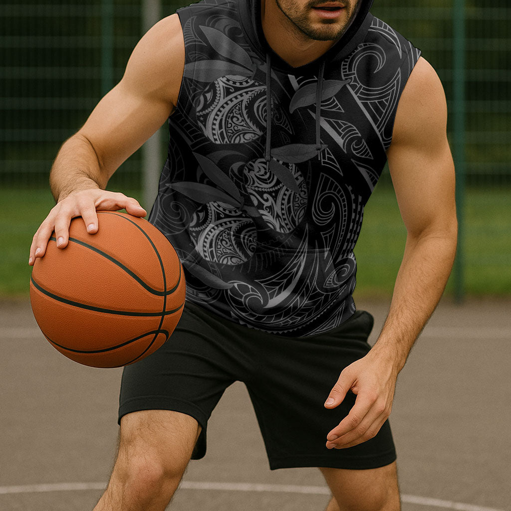 Hawaiian Mango Tribal Tattoo Sleeveless Hoodie Black White Pacific Traditional Pattern