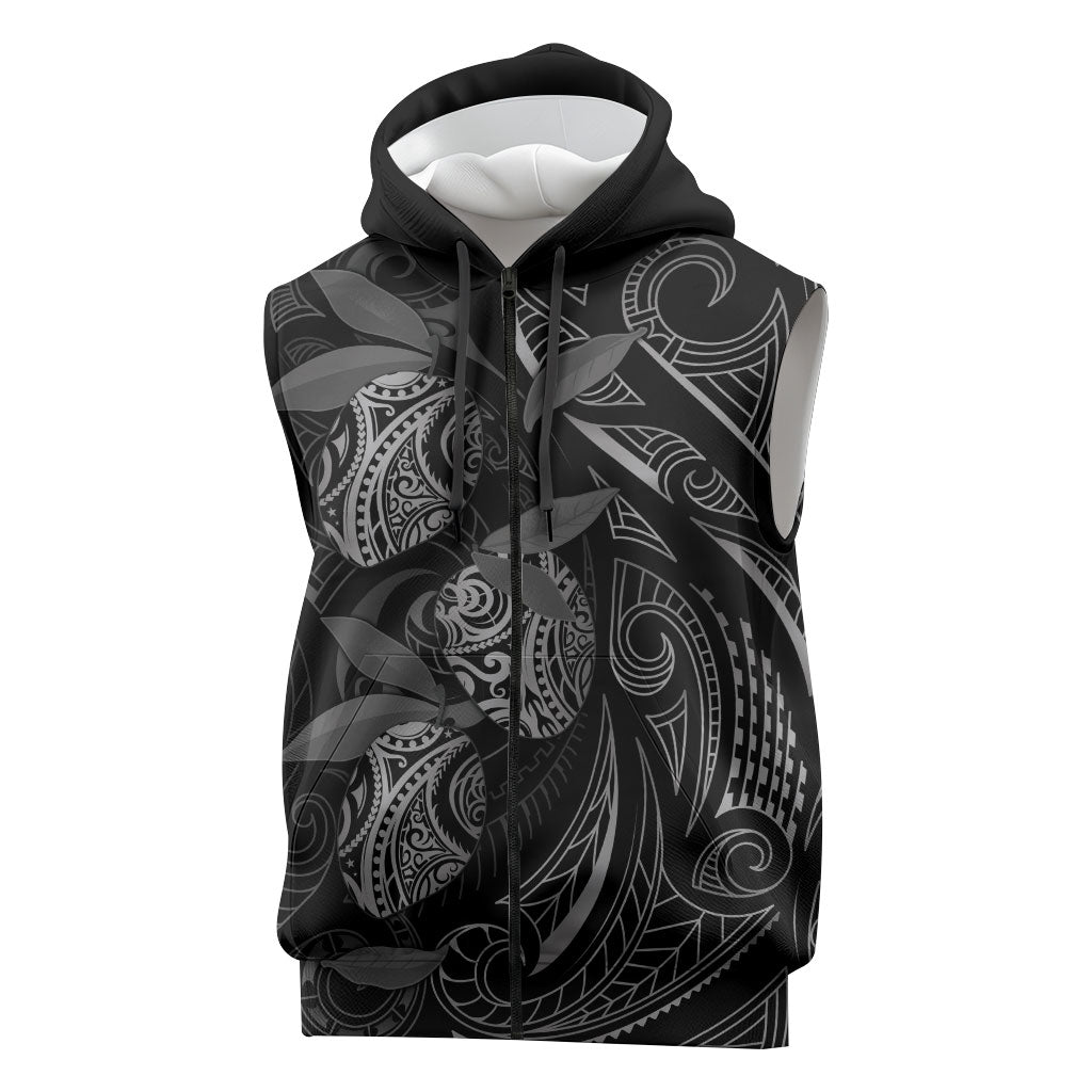 Hawaiian Mango Tribal Tattoo Sleeveless Zip Hoodie Black White Pacific Traditional Pattern