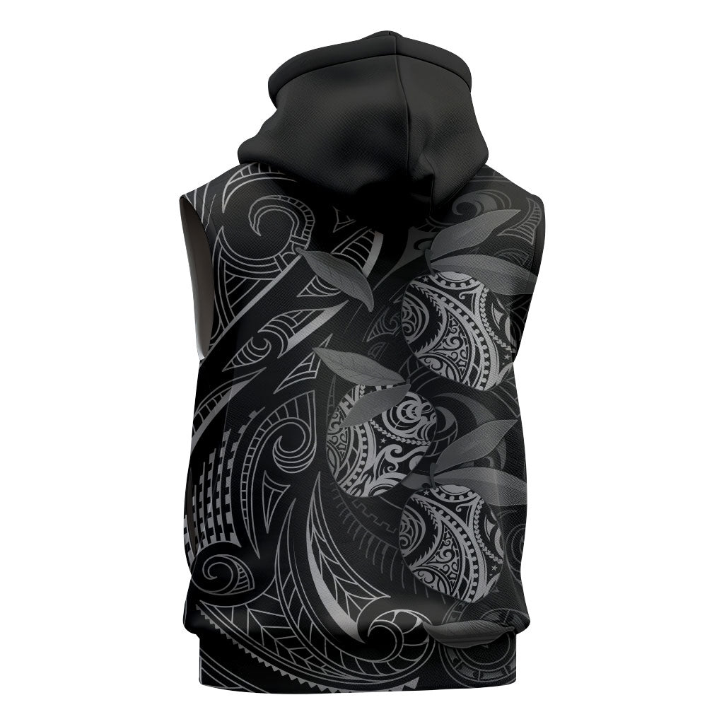 Hawaiian Mango Tribal Tattoo Sleeveless Zip Hoodie Black White Pacific Traditional Pattern
