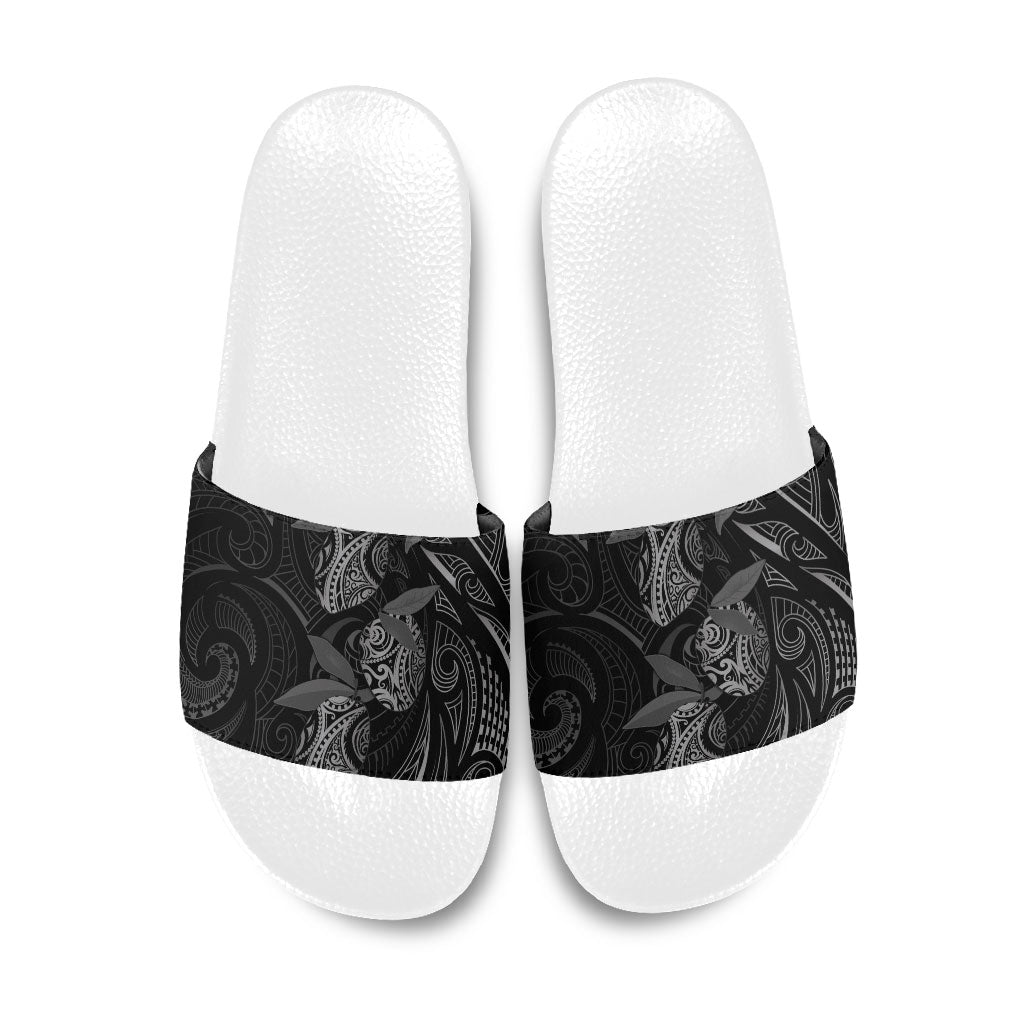 Hawaiian Mango Tribal Tattoo Slide Sandals Black White Pacific Traditional Pattern