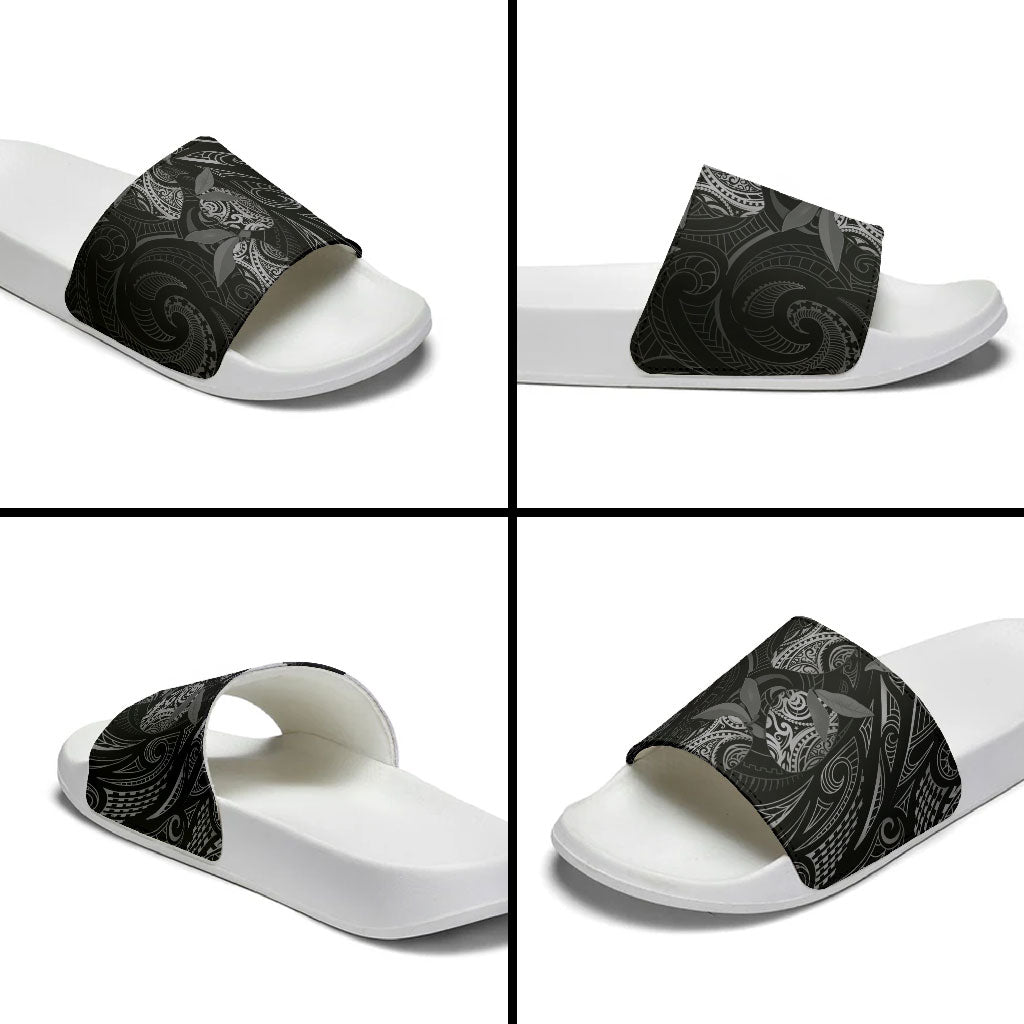 Hawaiian Mango Tribal Tattoo Slide Sandals Black White Pacific Traditional Pattern