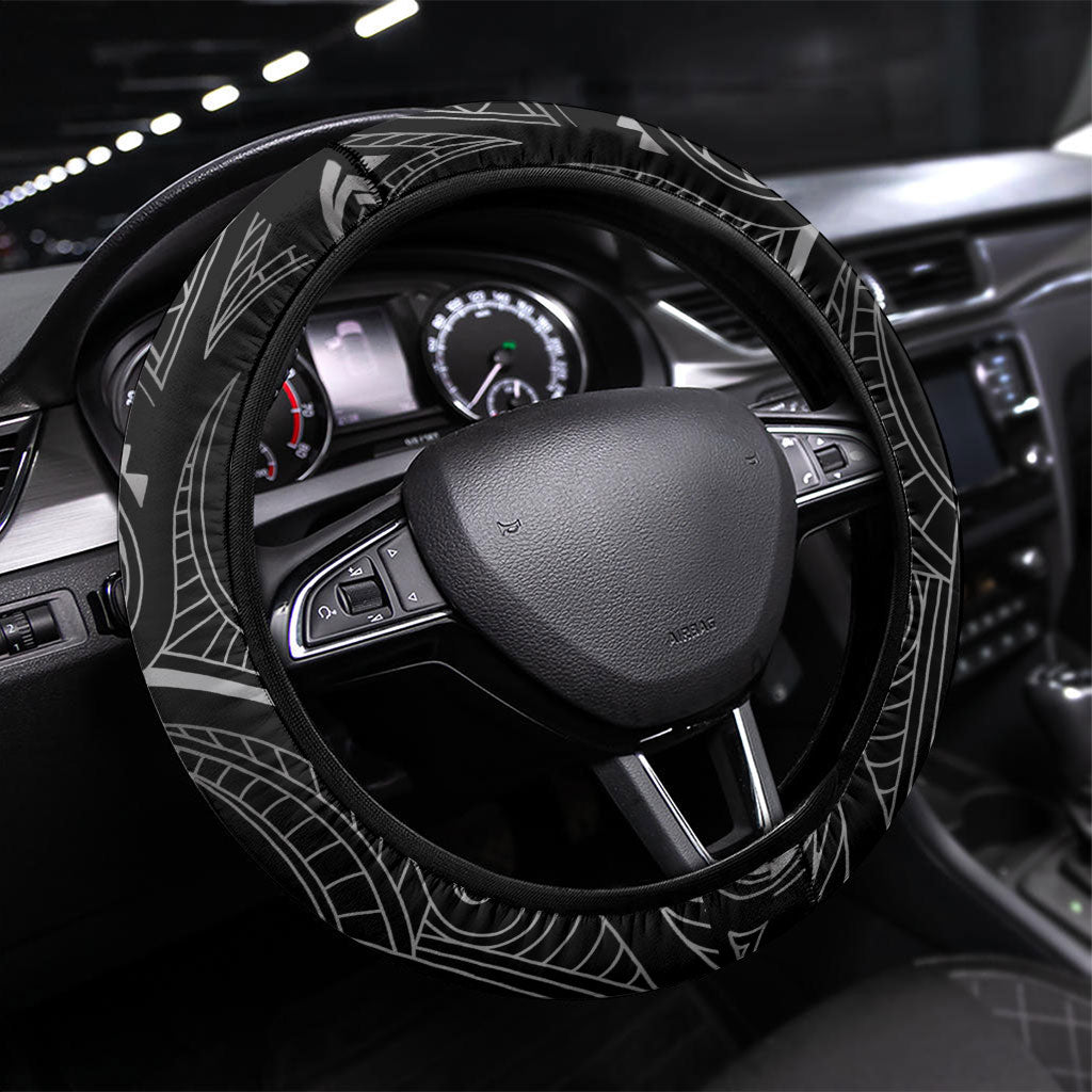 Hawaiian Mango Tribal Tattoo Steering Wheel Cover Black White Pacific Traditional Pattern