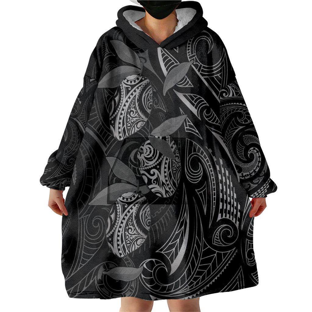 Hawaiian Mango Tribal Tattoo Wearable Blanket Hoodie Black White Pacific Traditional Pattern