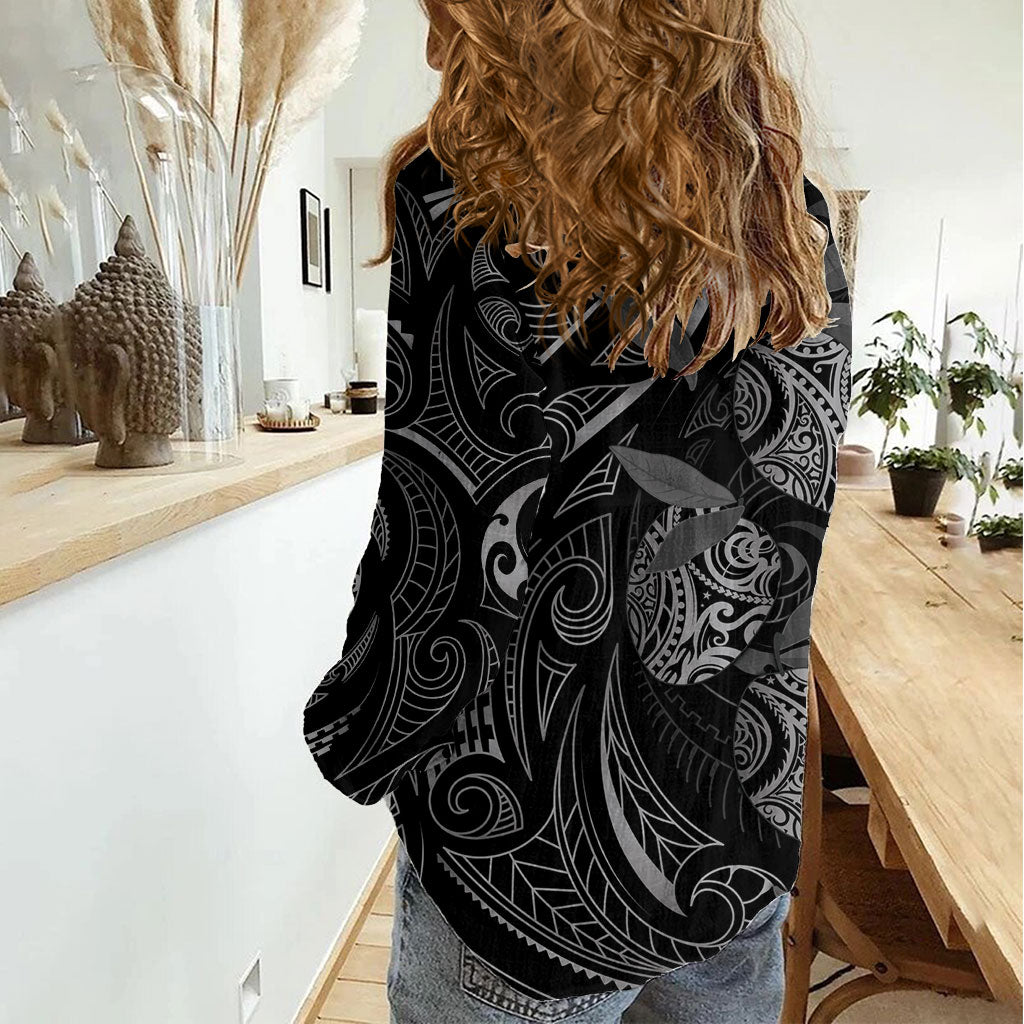Hawaiian Mango Tribal Tattoo Women Casual Shirt Black White Pacific Traditional Pattern
