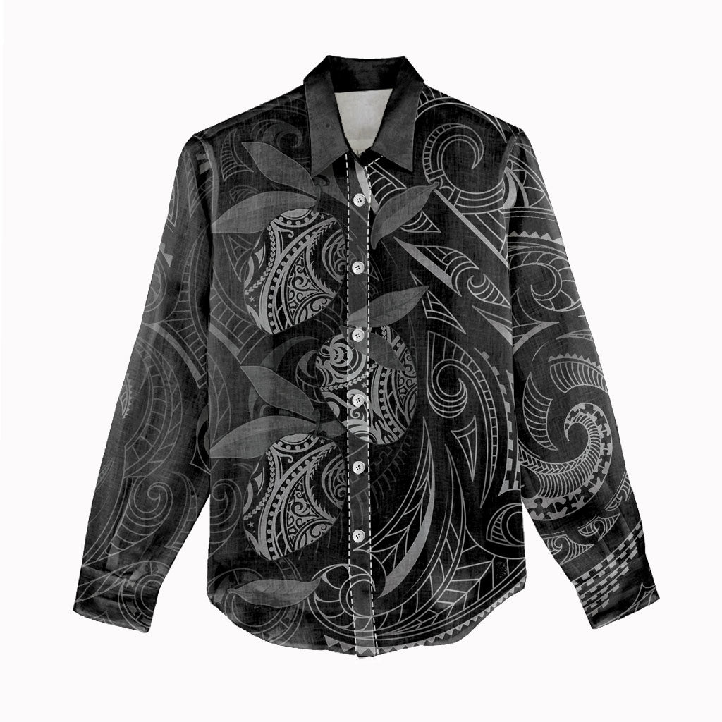 Hawaiian Mango Tribal Tattoo Women Casual Shirt Black White Pacific Traditional Pattern