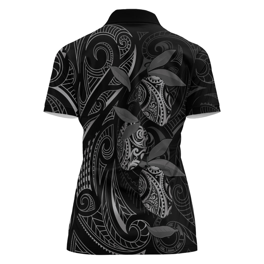 Hawaiian Mango Tribal Tattoo Women Polo Shirt Black White Pacific Traditional Pattern