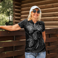 Hawaiian Mango Tribal Tattoo Women Polo Shirt Black White Pacific Traditional Pattern