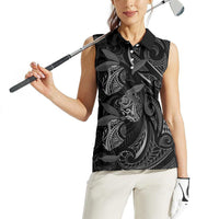 Hawaiian Mango Tribal Tattoo Women Sleeveless Polo Shirt Black White Pacific Traditional Pattern