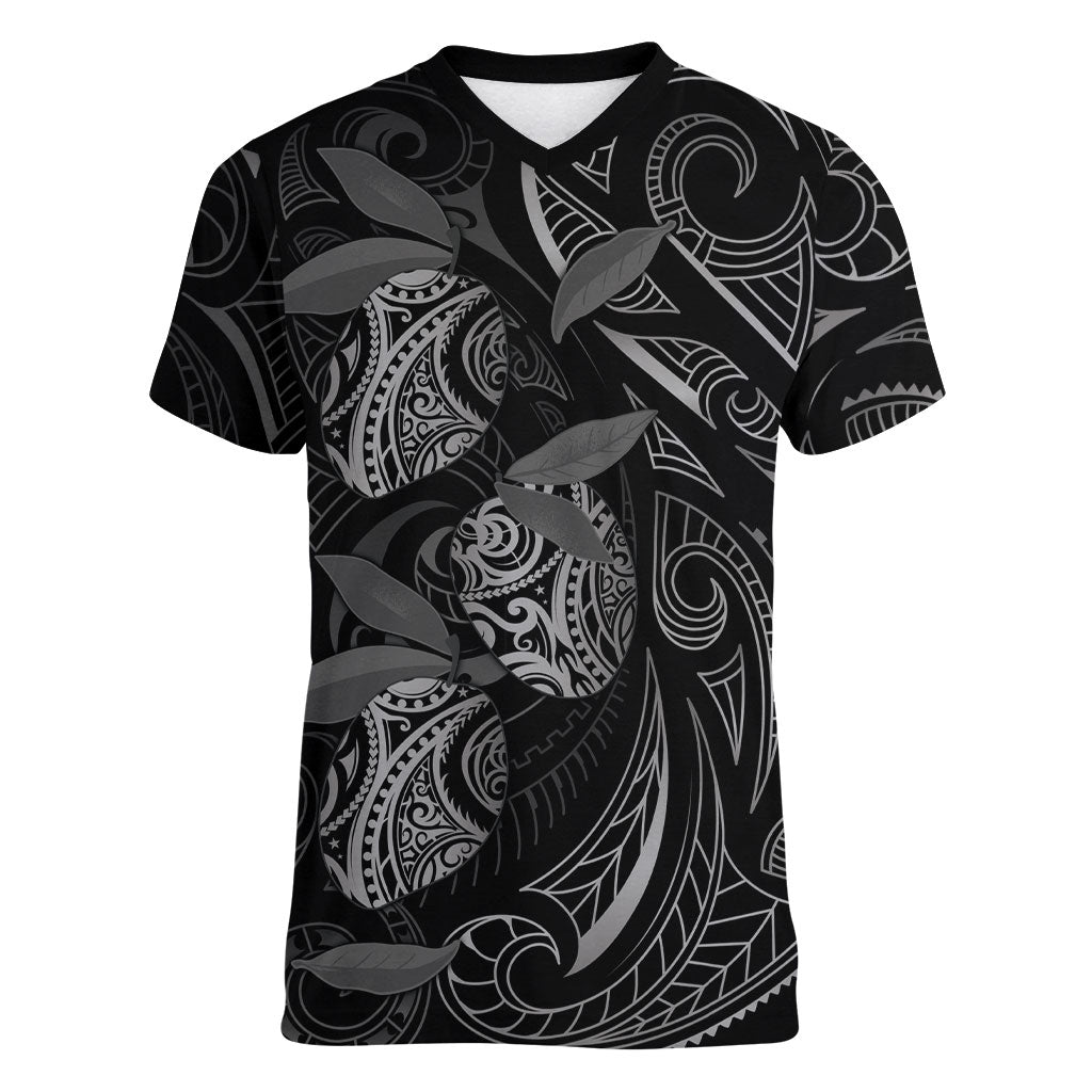 Hawaiian Mango Tribal Tattoo Women V-Neck T-Shirt Black White Pacific Traditional Pattern