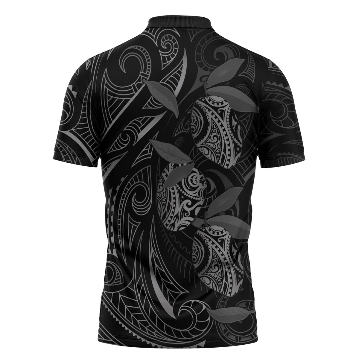 Hawaiian Mango Tribal Tattoo Zipper Polo Shirt Black White Pacific Traditional Pattern