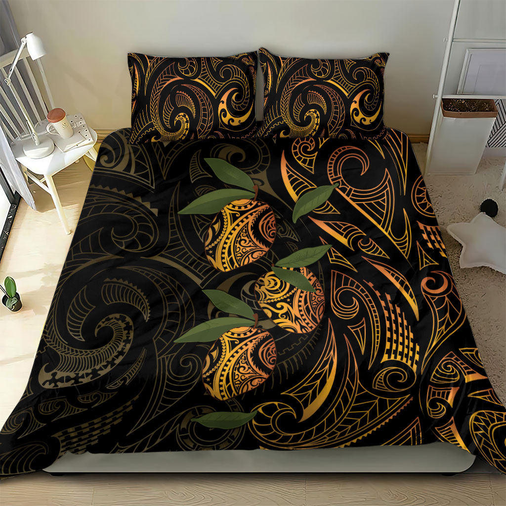 Hawaiian Mango Tribal Tattoo Bedding Set Gold Pacific Traditional Pattern