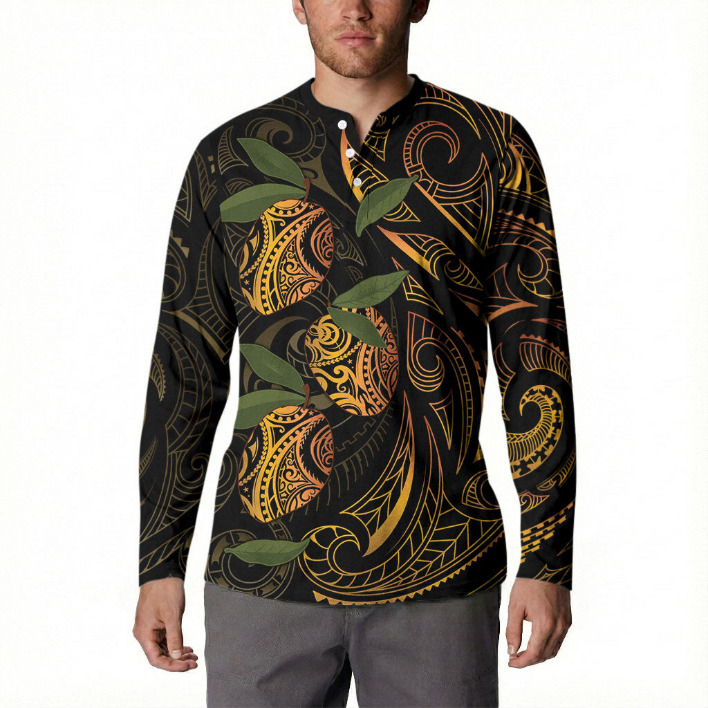 Hawaiian Mango Tribal Tattoo Button Sweatshirt Gold Pacific Traditional Pattern