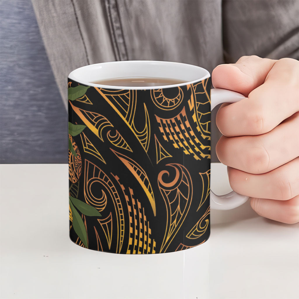 Hawaiian Mango Tribal Tattoo Ceramic Mug Gold Pacific Traditional Pattern