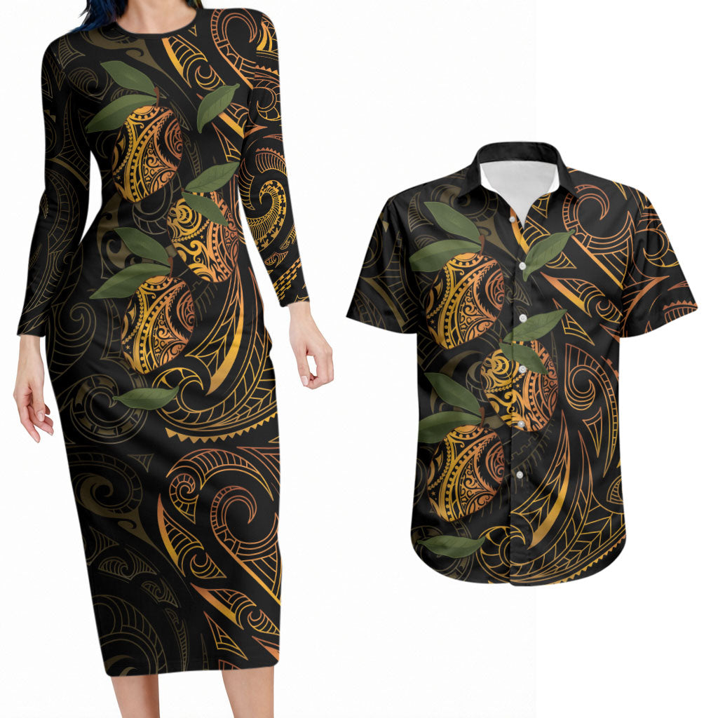 Hawaiian Mango Tribal Tattoo Couples Matching Long Sleeve Bodycon Dress and Hawaiian Shirt Gold Pacific Traditional Pattern
