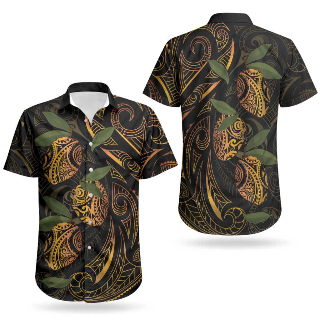 Hawaiian Mango Tribal Tattoo Couples Matching Long Sleeve Bodycon Dress and Hawaiian Shirt Gold Pacific Traditional Pattern