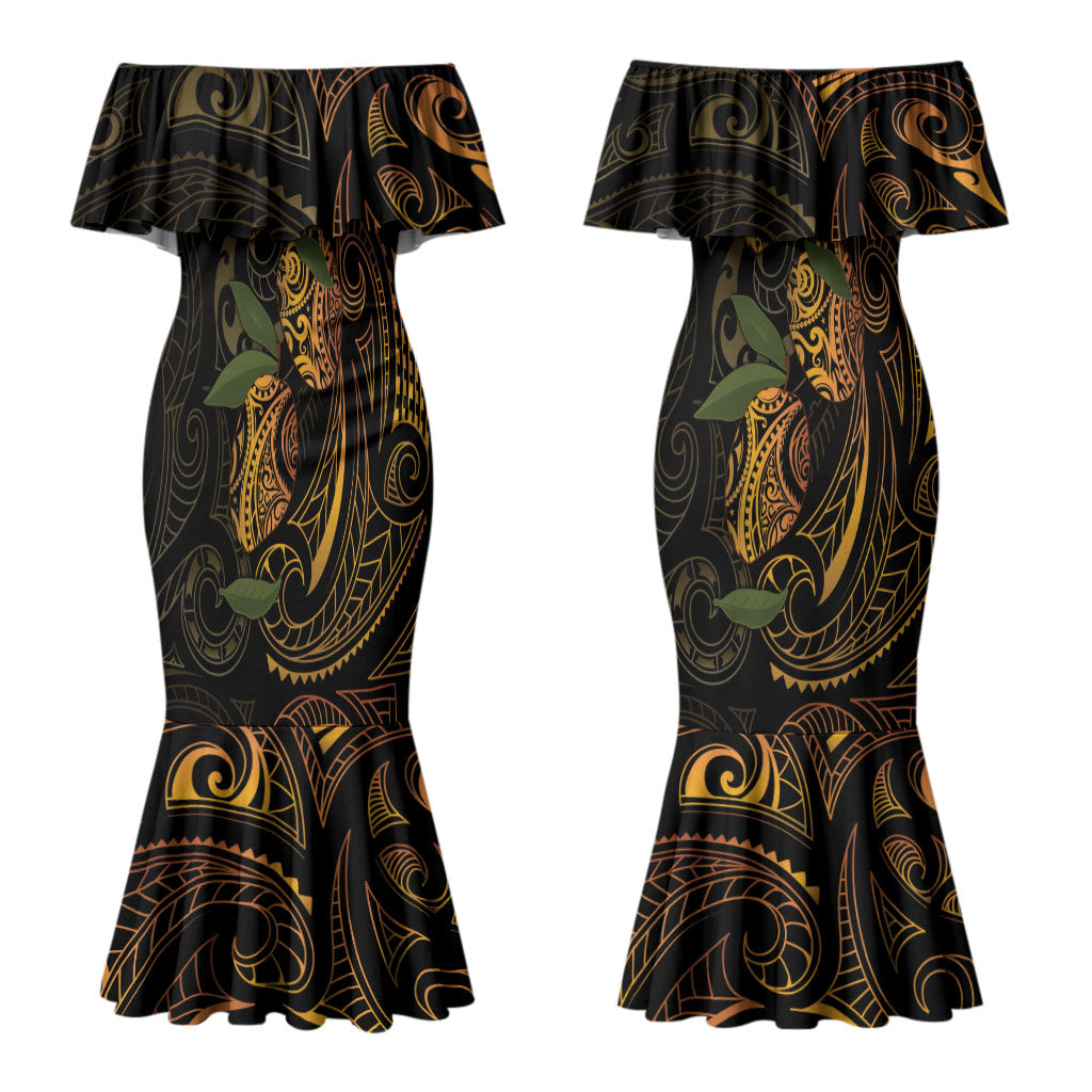 Hawaiian Mango Tribal Tattoo Couples Matching Mermaid Dress and Long Sleeve Button Shirt Gold Pacific Traditional Pattern