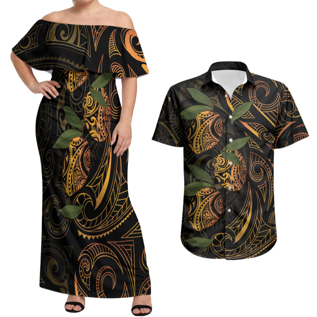 Hawaiian Mango Tribal Tattoo Couples Matching Off Shoulder Maxi Dress and Hawaiian Shirt Gold Pacific Traditional Pattern