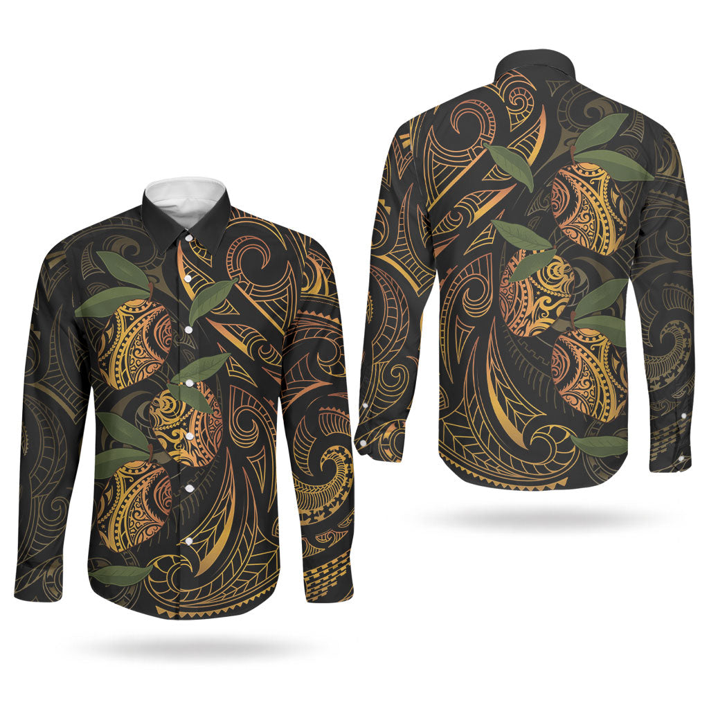 Hawaiian Mango Tribal Tattoo Couples Matching Off Shoulder Maxi Dress and Long Sleeve Button Shirt Gold Pacific Traditional Pattern