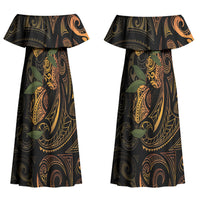Hawaiian Mango Tribal Tattoo Couples Matching Off Shoulder Maxi Dress and Long Sleeve Button Shirt Gold Pacific Traditional Pattern