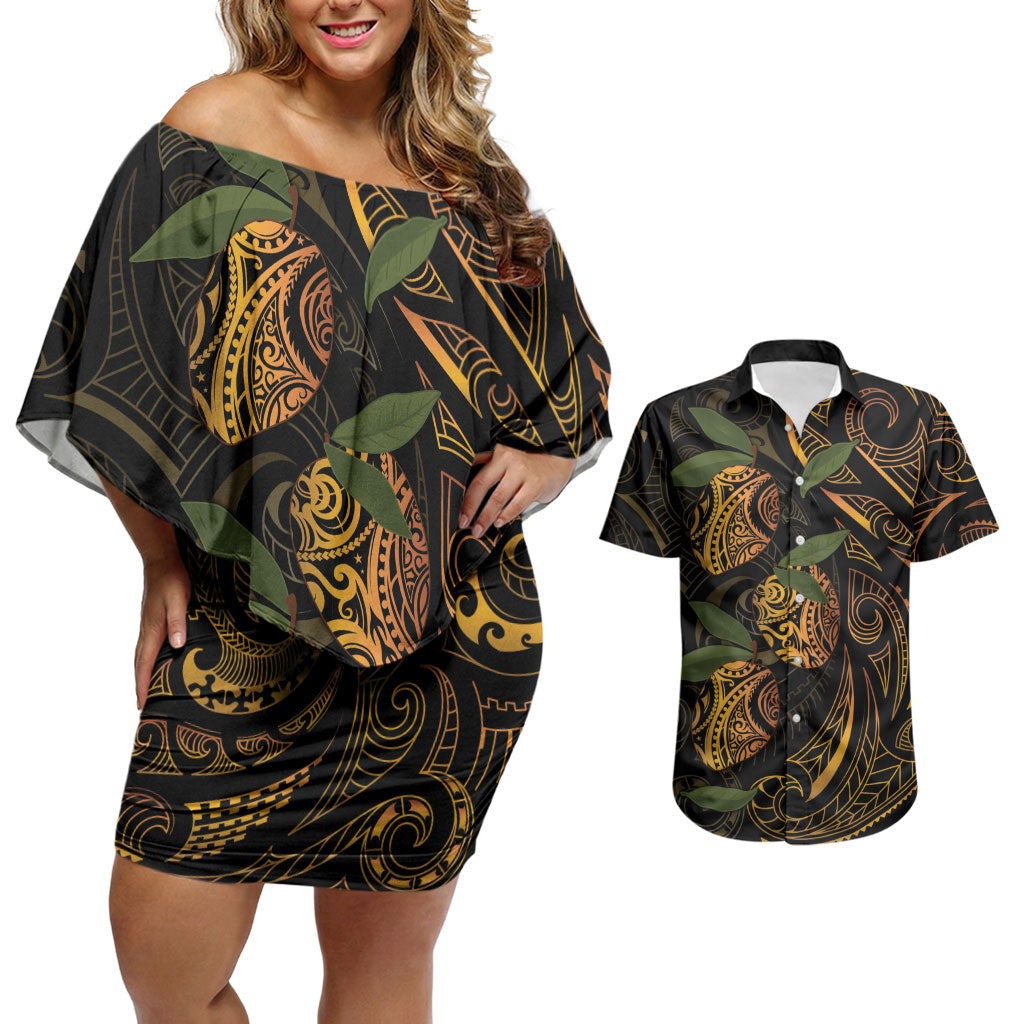Hawaiian Mango Tribal Tattoo Couples Matching Off Shoulder Short Dress and Hawaiian Shirt Gold Pacific Traditional Pattern