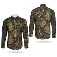 Hawaiian Mango Tribal Tattoo Couples Matching Off Shoulder Short Dress and Long Sleeve Button Shirt Gold Pacific Traditional Pattern