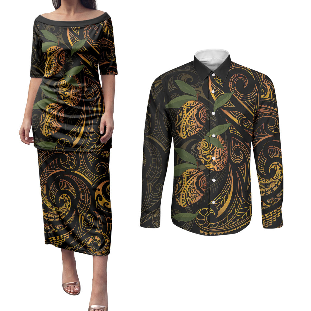 Hawaiian Mango Tribal Tattoo Couples Matching Puletasi and Long Sleeve Button Shirt Gold Pacific Traditional Pattern