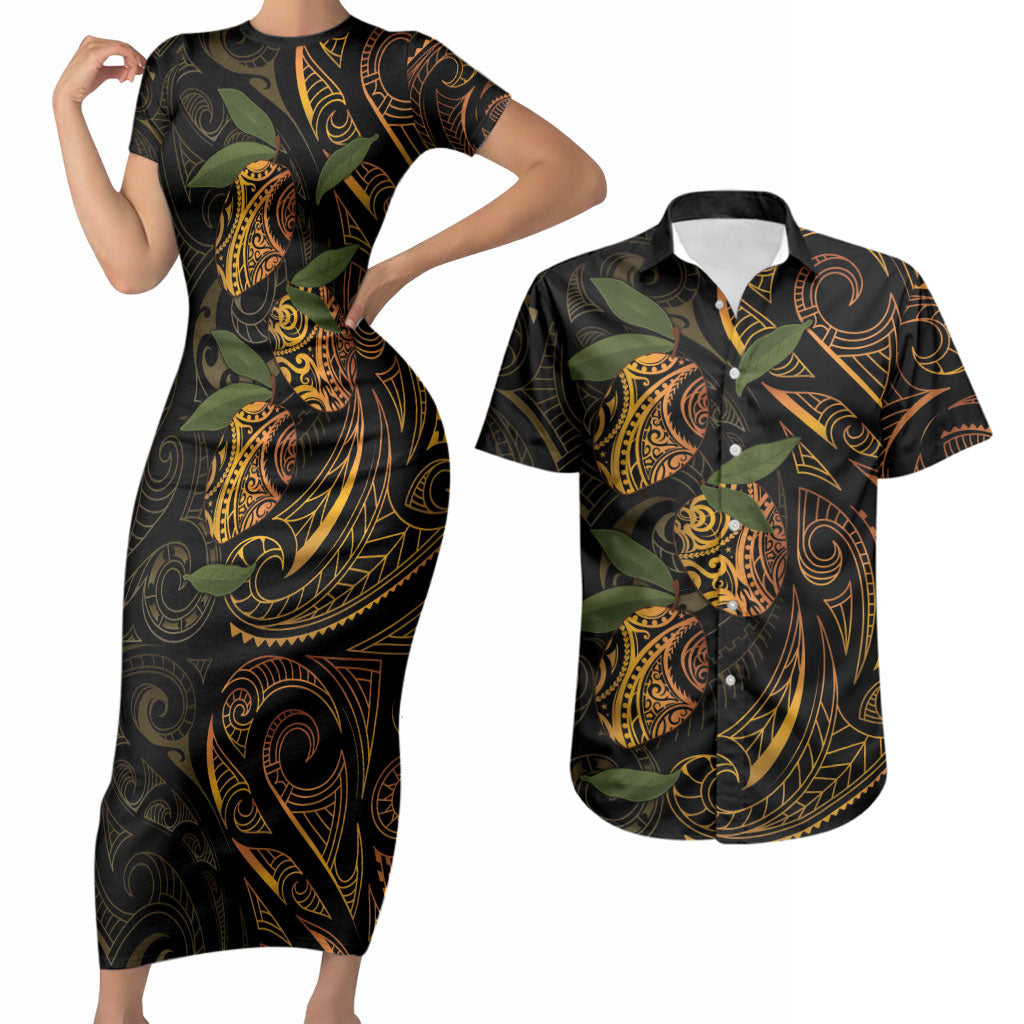 Hawaiian Mango Tribal Tattoo Couples Matching Short Sleeve Bodycon Dress and Hawaiian Shirt Gold Pacific Traditional Pattern