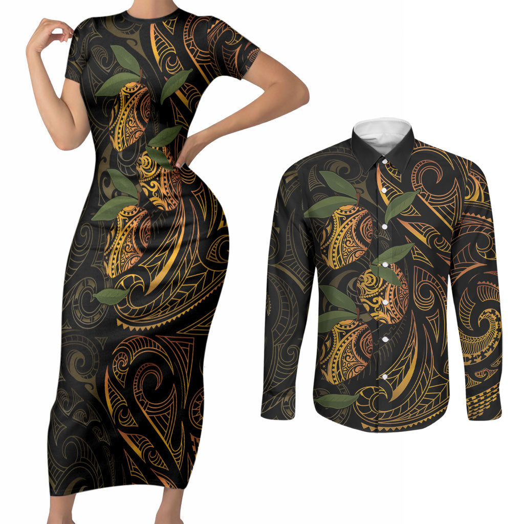 Hawaiian Mango Tribal Tattoo Couples Matching Short Sleeve Bodycon Dress and Long Sleeve Button Shirt Gold Pacific Traditional Pattern