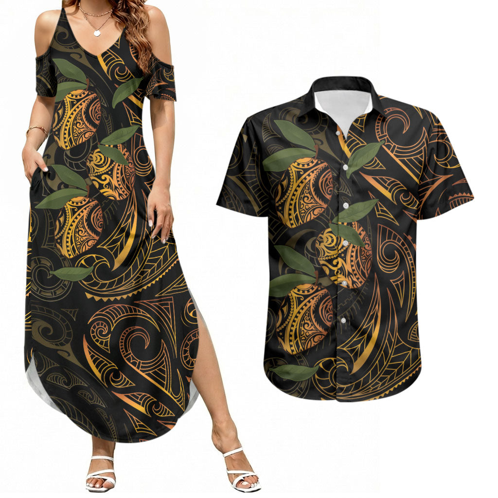Hawaiian Mango Tribal Tattoo Couples Matching Summer Maxi Dress and Hawaiian Shirt Gold Pacific Traditional Pattern