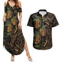 Hawaiian Mango Tribal Tattoo Couples Matching Summer Maxi Dress and Hawaiian Shirt Gold Pacific Traditional Pattern