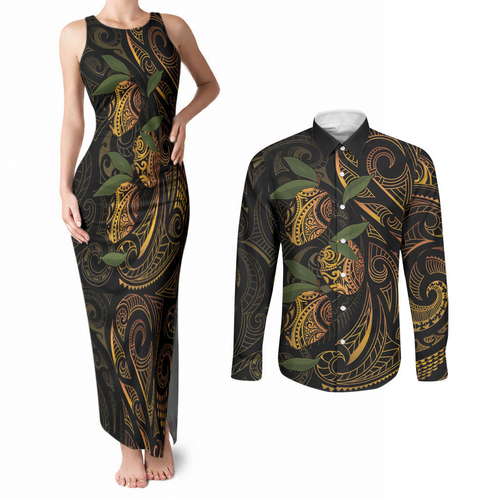 Hawaiian Mango Tribal Tattoo Couples Matching Tank Maxi Dress and Long Sleeve Button Shirt Gold Pacific Traditional Pattern