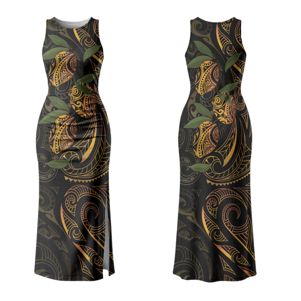 Hawaiian Mango Tribal Tattoo Couples Matching Tank Maxi Dress and Long Sleeve Button Shirt Gold Pacific Traditional Pattern