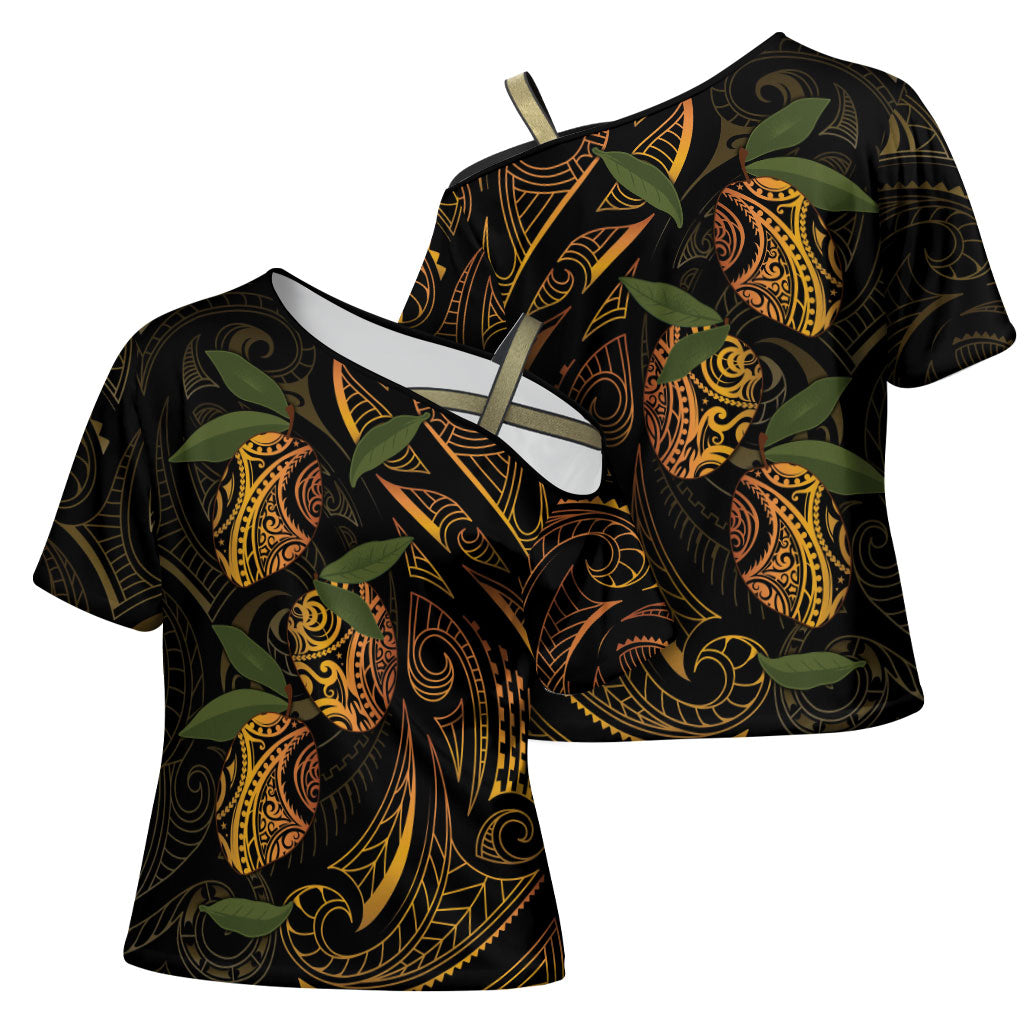 Hawaiian Mango Tribal Tattoo Cross Shoulder Shirt Gold Pacific Traditional Pattern