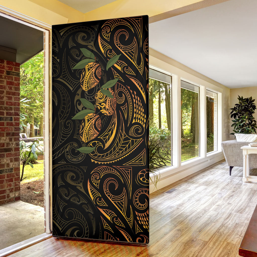 Hawaiian Mango Tribal Tattoo Door Cover Gold Pacific Traditional Pattern