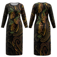Hawaiian Mango Tribal Tattoo Family Matching Long Sleeve Bodycon Dress and Hawaiian Shirt Gold Pacific Traditional Pattern