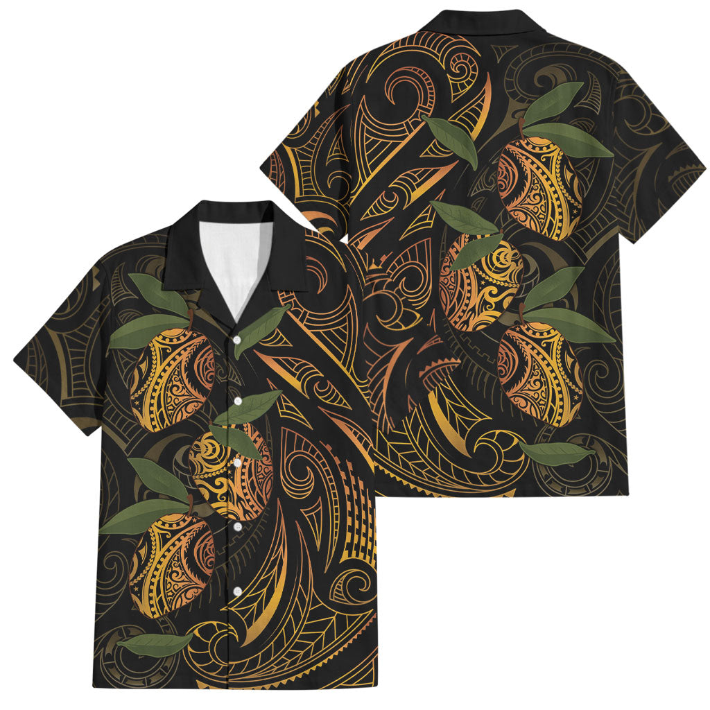 Hawaiian Mango Tribal Tattoo Family Matching Long Sleeve Bodycon Dress and Hawaiian Shirt Gold Pacific Traditional Pattern