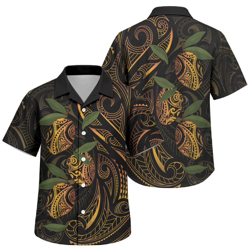 Hawaiian Mango Tribal Tattoo Family Matching Long Sleeve Bodycon Dress and Hawaiian Shirt Gold Pacific Traditional Pattern