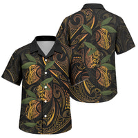 Hawaiian Mango Tribal Tattoo Family Matching Long Sleeve Bodycon Dress and Hawaiian Shirt Gold Pacific Traditional Pattern