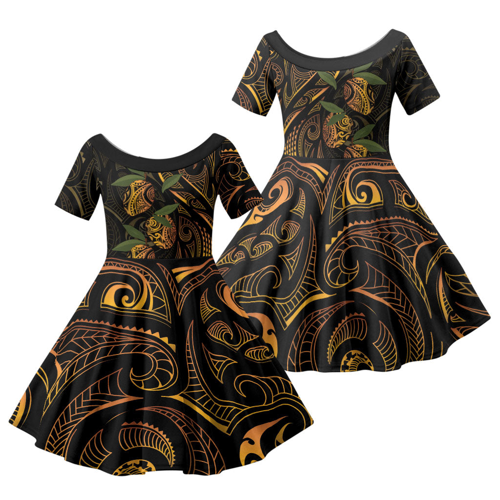 Hawaiian Mango Tribal Tattoo Family Matching Mermaid Dress and Hawaiian Shirt Gold Pacific Traditional Pattern