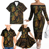 Hawaiian Mango Tribal Tattoo Family Matching Off The Shoulder Long Sleeve Dress and Hawaiian Shirt Gold Pacific Traditional Pattern