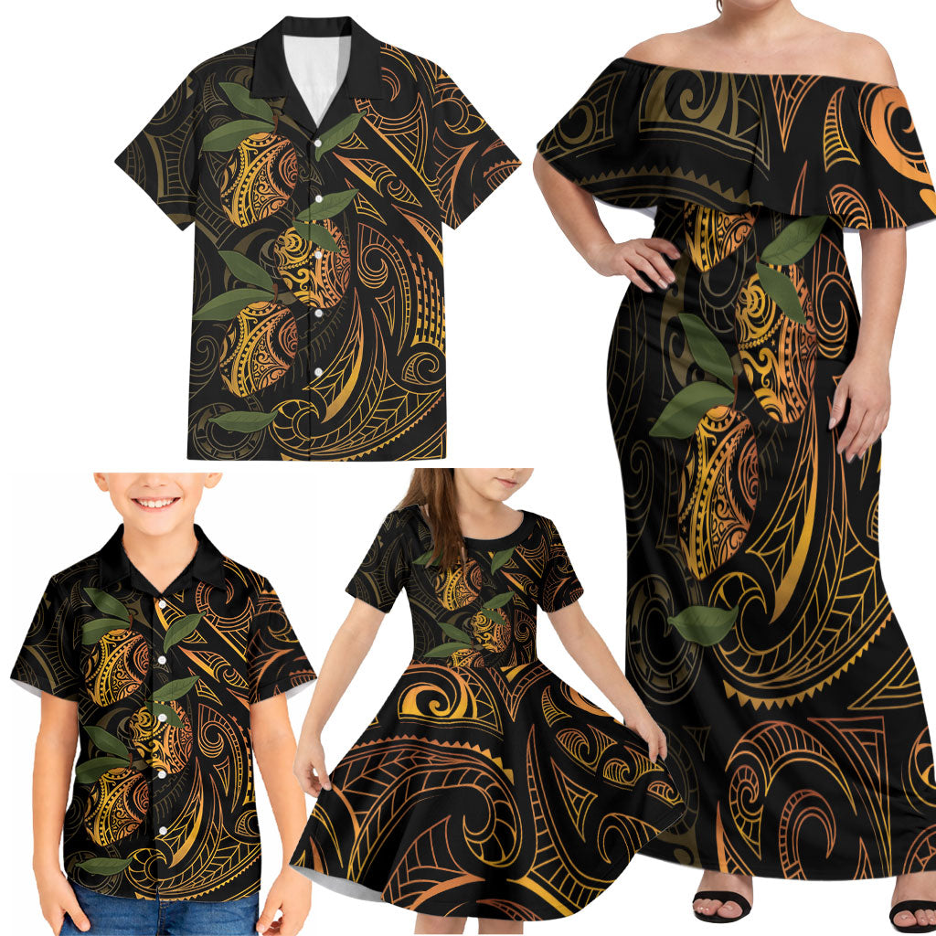 Hawaiian Mango Tribal Tattoo Family Matching Off Shoulder Maxi Dress and Hawaiian Shirt Gold Pacific Traditional Pattern