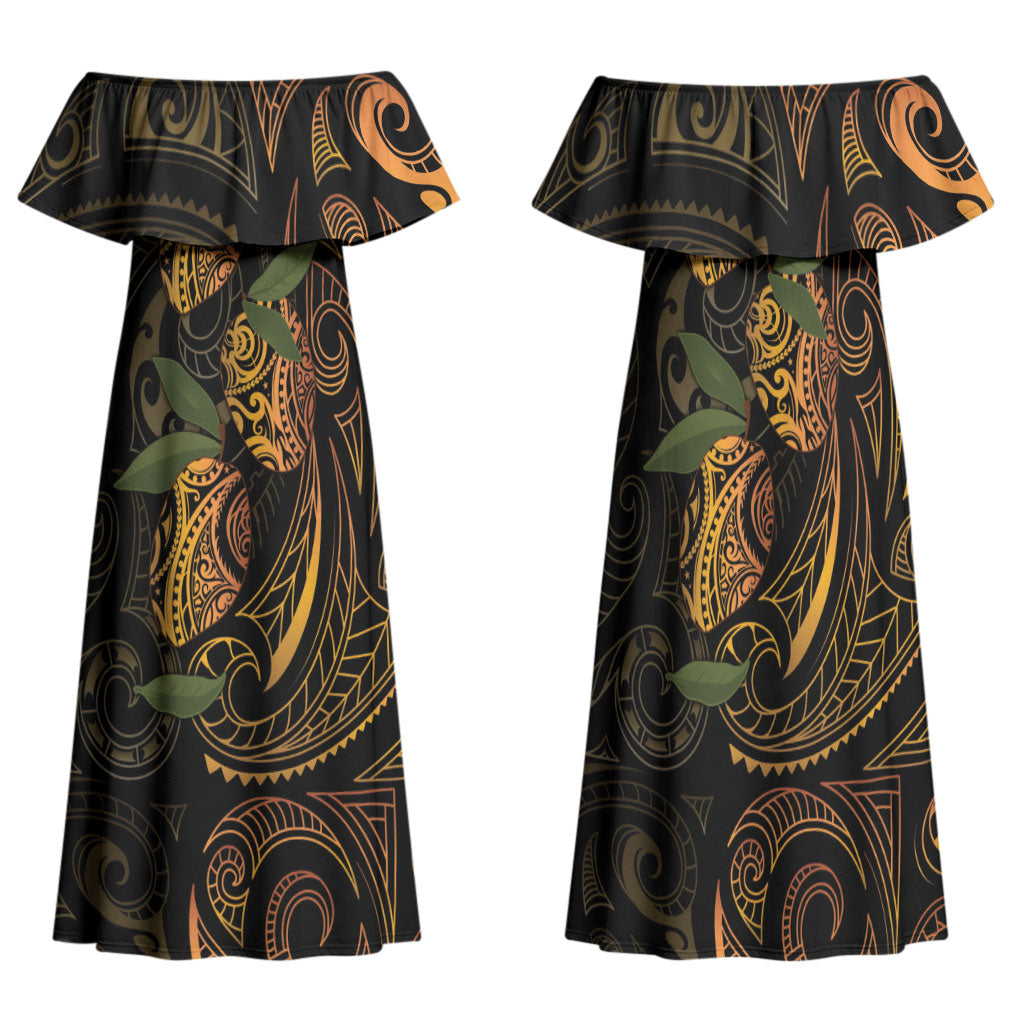 Hawaiian Mango Tribal Tattoo Family Matching Off Shoulder Maxi Dress and Hawaiian Shirt Gold Pacific Traditional Pattern