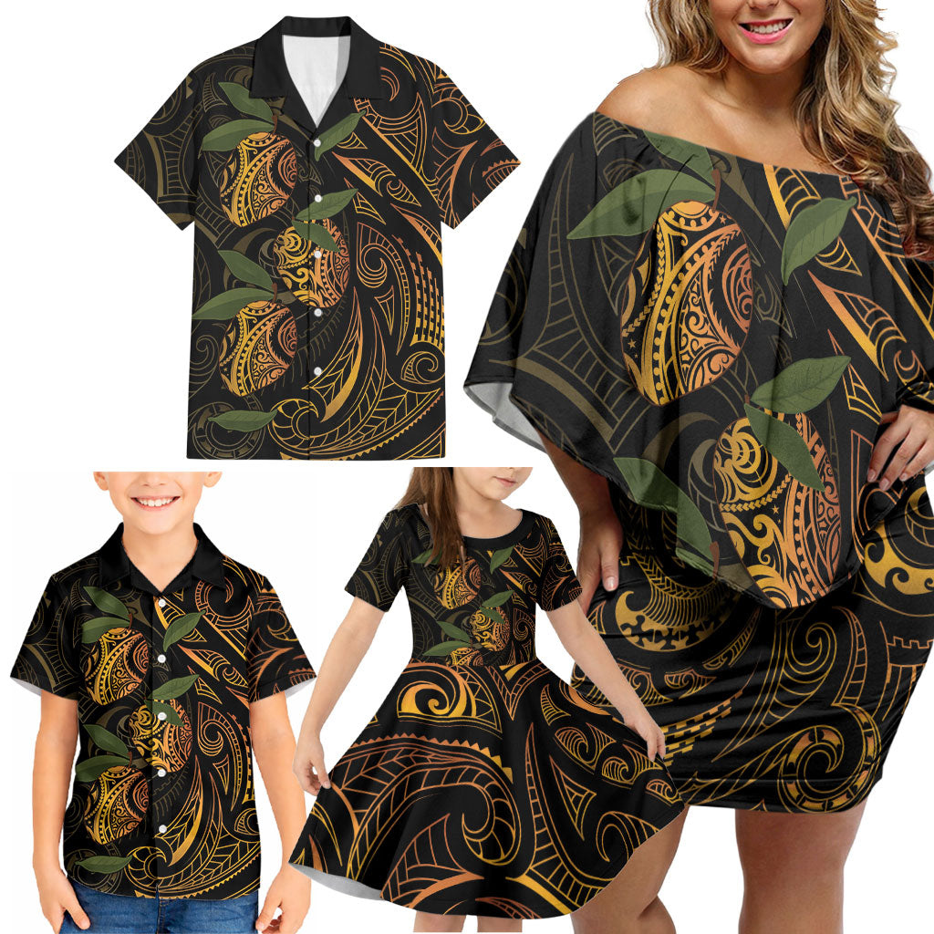 Hawaiian Mango Tribal Tattoo Family Matching Off Shoulder Short Dress and Hawaiian Shirt Gold Pacific Traditional Pattern