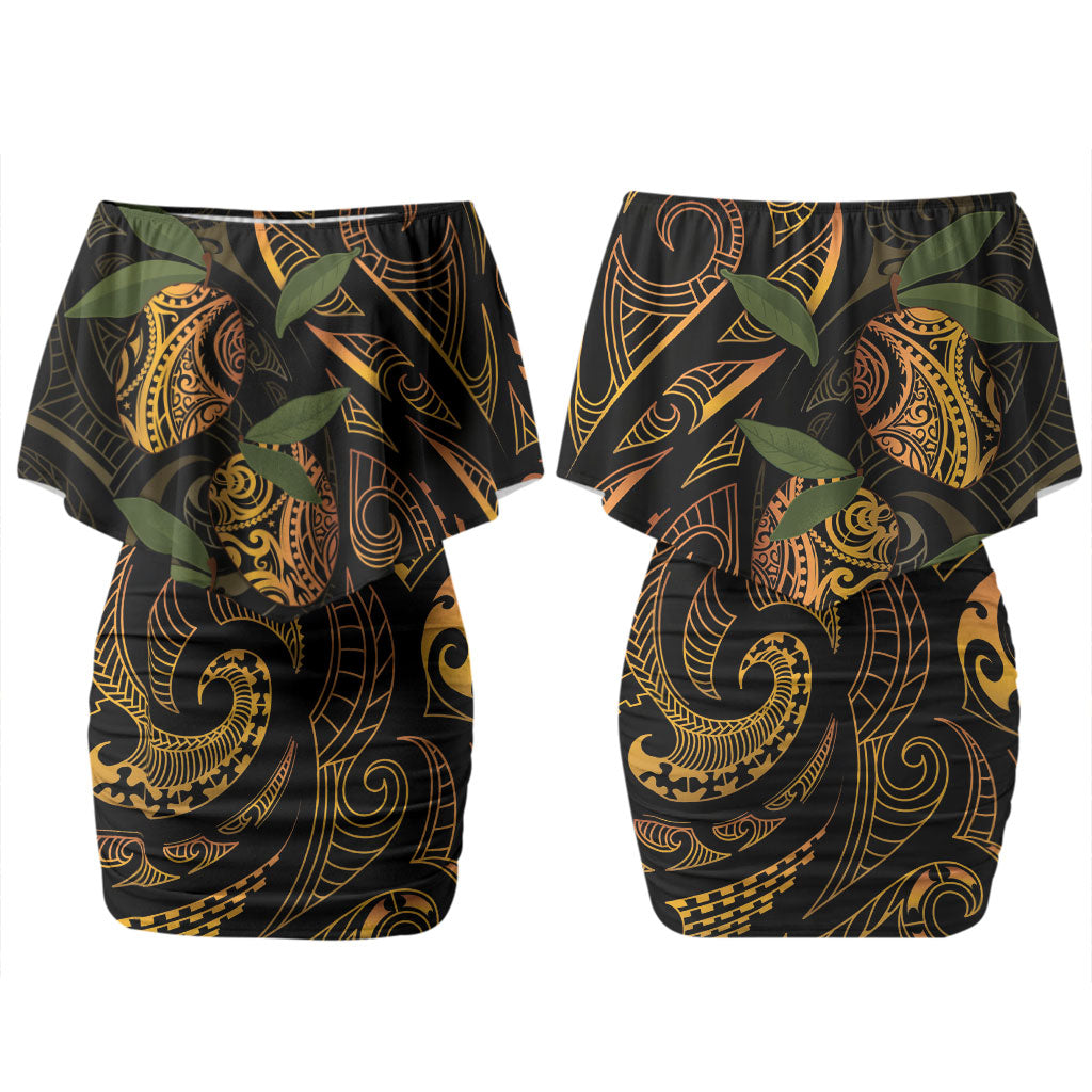 Hawaiian Mango Tribal Tattoo Family Matching Off Shoulder Short Dress and Hawaiian Shirt Gold Pacific Traditional Pattern