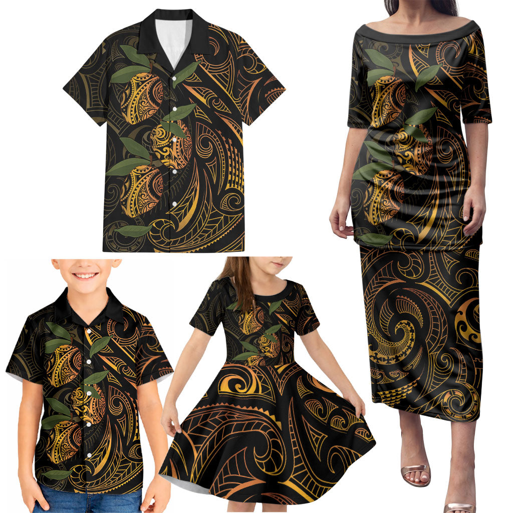 Hawaiian Mango Tribal Tattoo Family Matching Puletasi and Hawaiian Shirt Gold Pacific Traditional Pattern