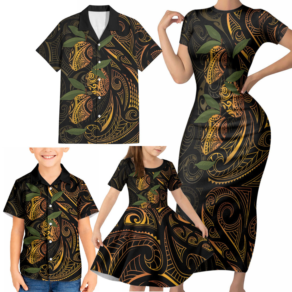 Hawaiian Mango Tribal Tattoo Family Matching Short Sleeve Bodycon Dress and Hawaiian Shirt Gold Pacific Traditional Pattern
