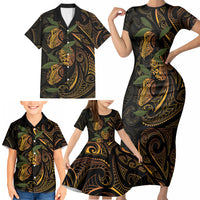 Hawaiian Mango Tribal Tattoo Family Matching Short Sleeve Bodycon Dress and Hawaiian Shirt Gold Pacific Traditional Pattern