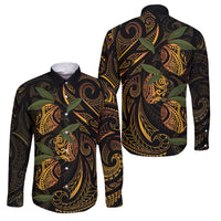 Hawaiian Mango Tribal Tattoo Family Matching Short Sleeve Bodycon Dress and Hawaiian Shirt Gold Pacific Traditional Pattern